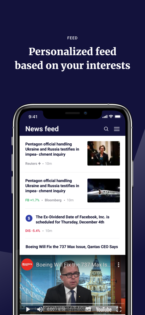 wallmine: Stocks & Bitcoin - Personalized financial news feed within the wallmine stocks and bitcoin app showing market updates and articles.