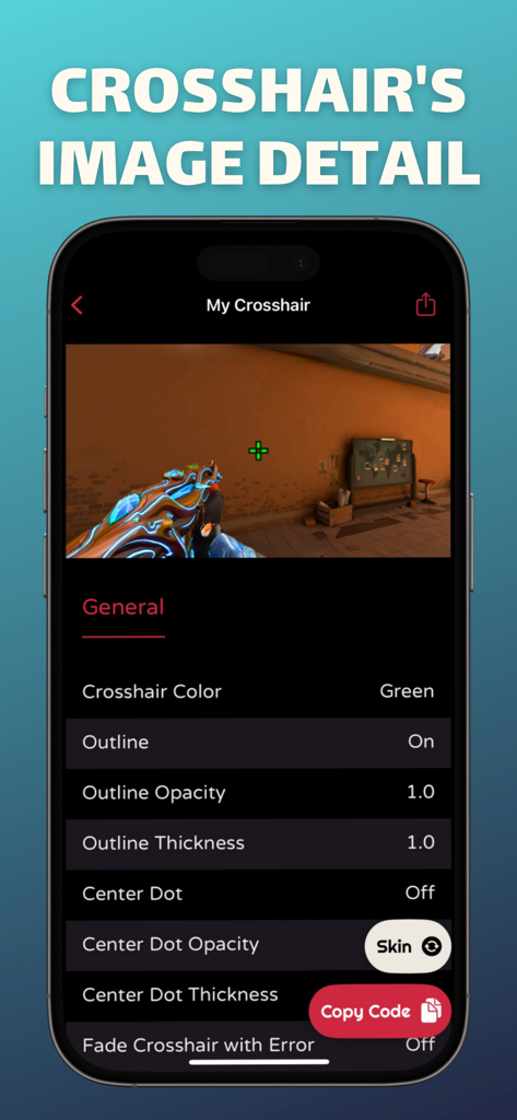 Valo Crosshair Pro - Una captura de pantalla de la aplicación Valo Crosshair Pro que muestra configuraciones detalladas de la mira y una vista previa visual en el juego.