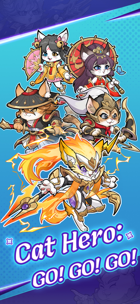 Cat Hero:GO - A group of five adorable cat heroes dressed in Three Kingdoms warrior attire from the Cat Hero:GO mobile game.