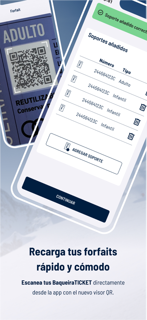 Baqueira Beret Mobile App-Oberfläche mit Anzeige und Verwaltung von digitalen Skipässen mit QR-Codes