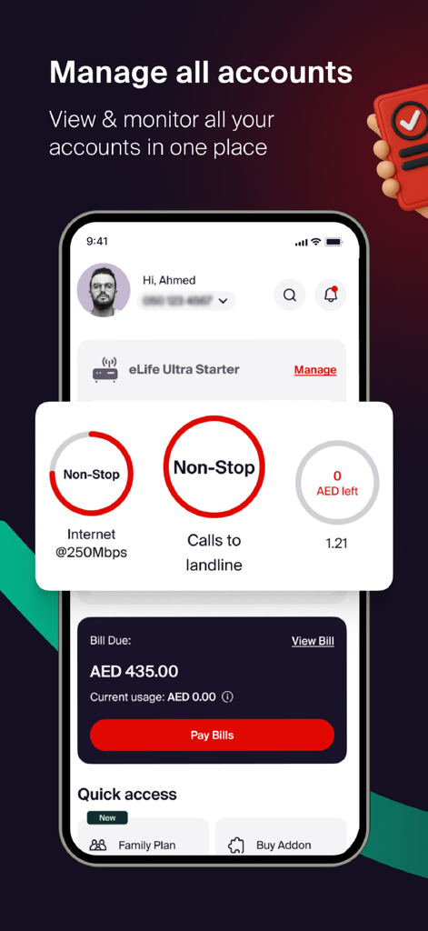 Panel de la app e and UAE que muestra detalles de la cuenta y opciones de pago de facturas