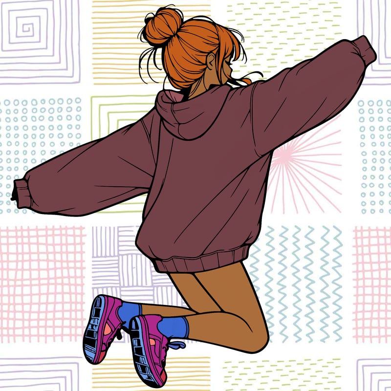 realistic girl jumping with a bun and oversized sweatshirt
