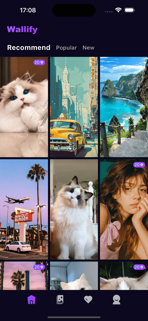 Wallify app interface displaying a curated gallery of aesthetic wallpapers including nature scenes, vintage cityscapes, and cute pets.