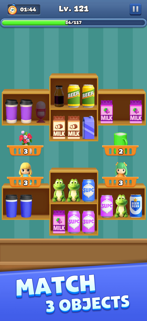 Gameplay de Goods Triple Master présentant un puzzle de tri match trois avec des objets ménagers 3D sur des étagères