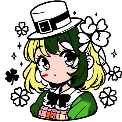 a manga-style girl with clovers around her, a little hat in her hair, like it's saint patrick's day