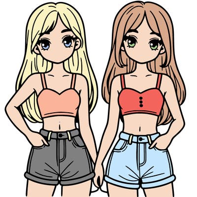 two sisters with crop tops and jean shorts and straight hair
