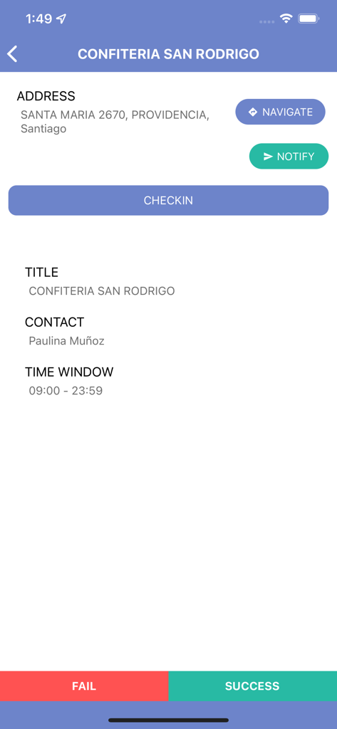 Interface do aplicativo SimpliRoute exibindo detalhes de contato do endereço de entrega e botões de navegação para motoristas