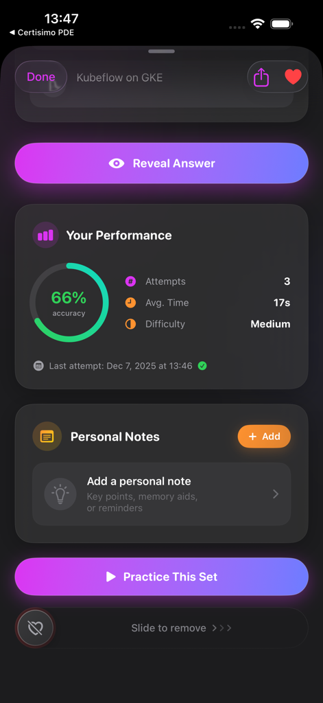 Certisimo PCA - Performance dashboard in Certisimo PCA showing exam accuracy and personal study notes