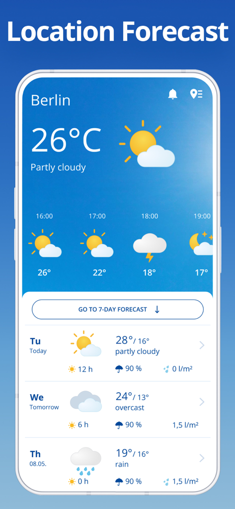 weather 24: Forecast & Radar - Weather 24 app interface showing the location forecast for Berlin with current temperature and daily predictions
