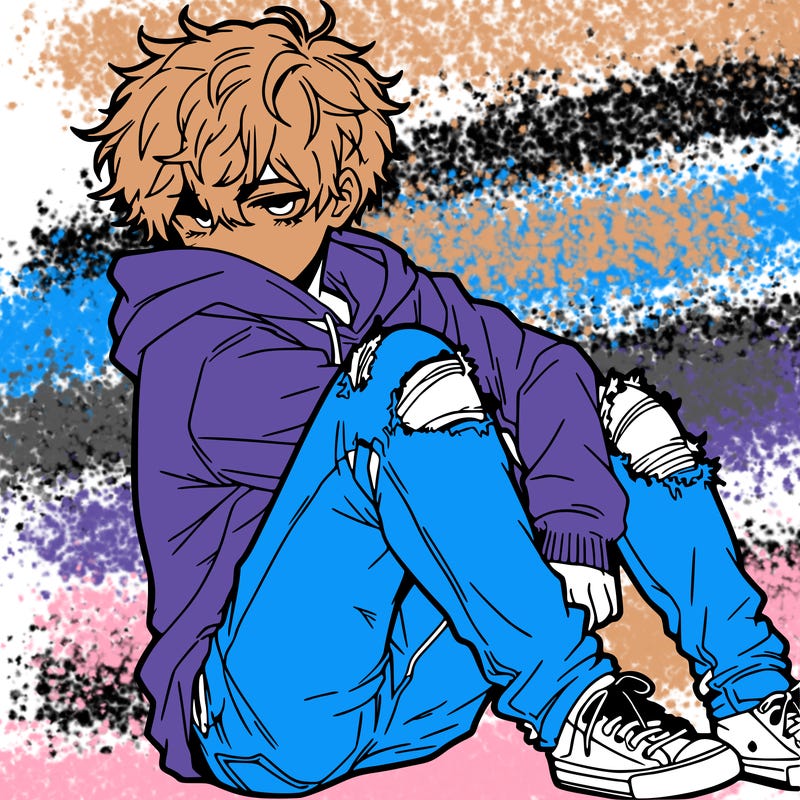 a male hoddie ripped jeans messy hair anime