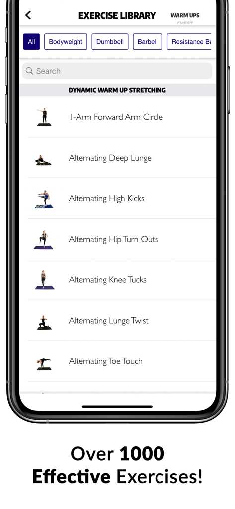 Exerprise Workout Meal Planner - Mobile screen showing the Exerprise app exercise library with a list of dynamic warm up movements and equipment filter options.