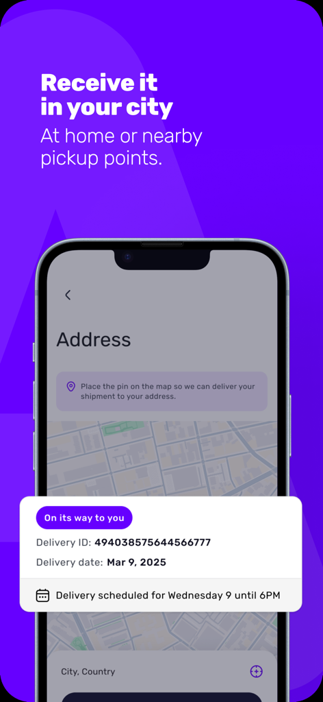 Shappi - Mobile screen of Shappi app showing delivery tracking information and address selection map