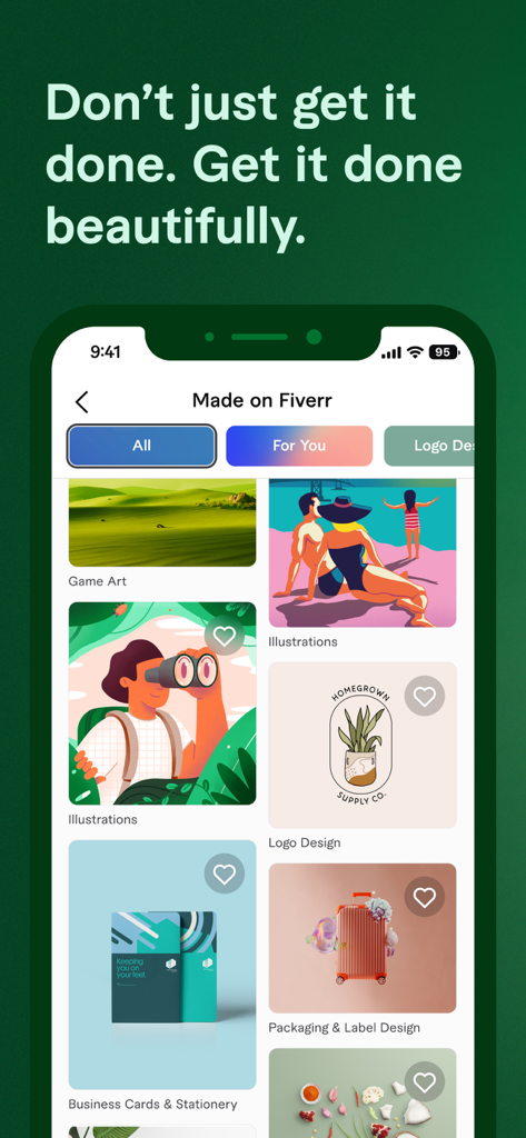 A screenshot of the Fiverr mobile app showing a gallery of creative services including illustrations and logo designs.