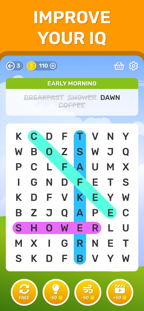 Word Search: Crossword Puzzle. - Interfaz del juego de sopa de letras que muestra una cuadrícula de letras con palabras encontradas resaltadas y un banner que dice mejora tu coeficiente intelectual.