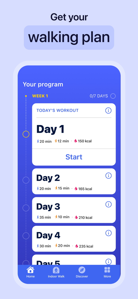 Interface of the Weight Loss Walking app showing a weekly interval training schedule with specific daily goals