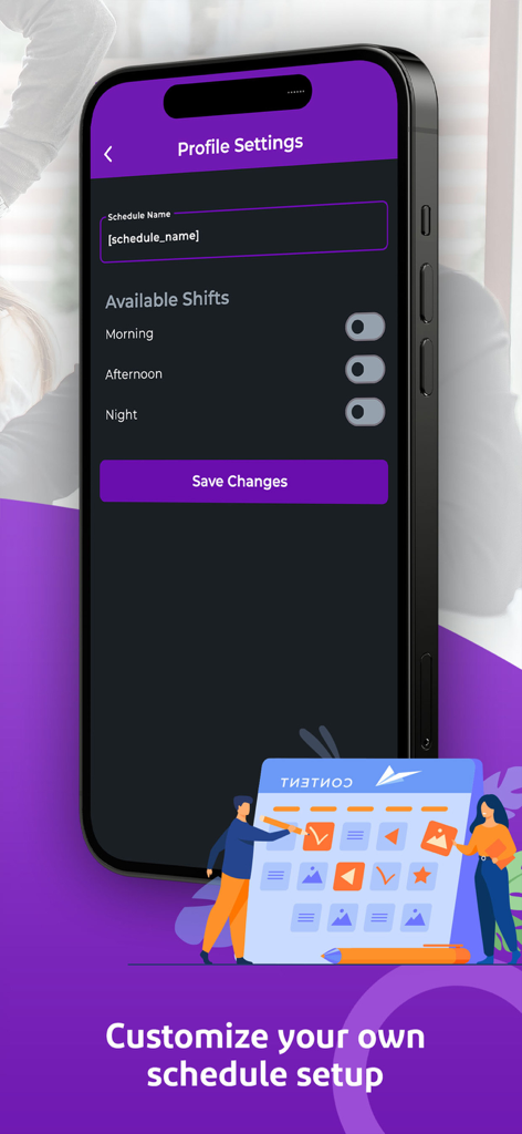 iPhone screenshot of the Scheduler Sling app showing profile settings to customize schedule names and shift availability for morning, afternoon, and night