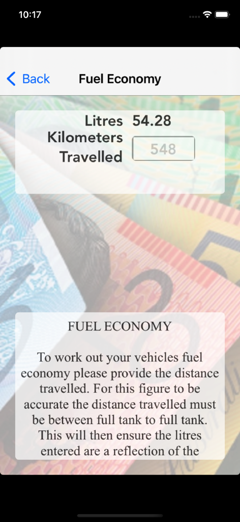 Fuel Check - Fuel economy calculator screen displaying liters used and kilometers traveled