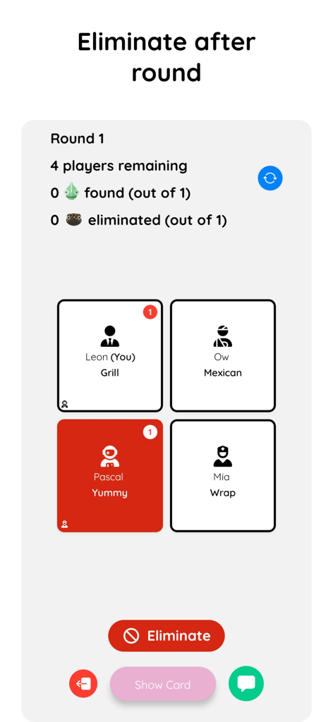 Interface of the Chameleon social deduction game showing player cards and an eliminate button during a game round.
