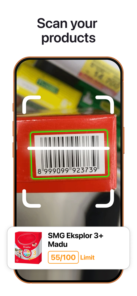 A smartphone using the Leafy app to scan a food product barcode and display a health score of 55 out of 100.