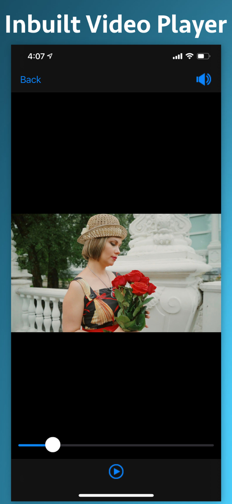 Video Joiner & Merger - Interfaz de la aplicación Unificador y Fusionador de Videos que muestra la función de reproductor de video incorporado previsualizando un videoclip