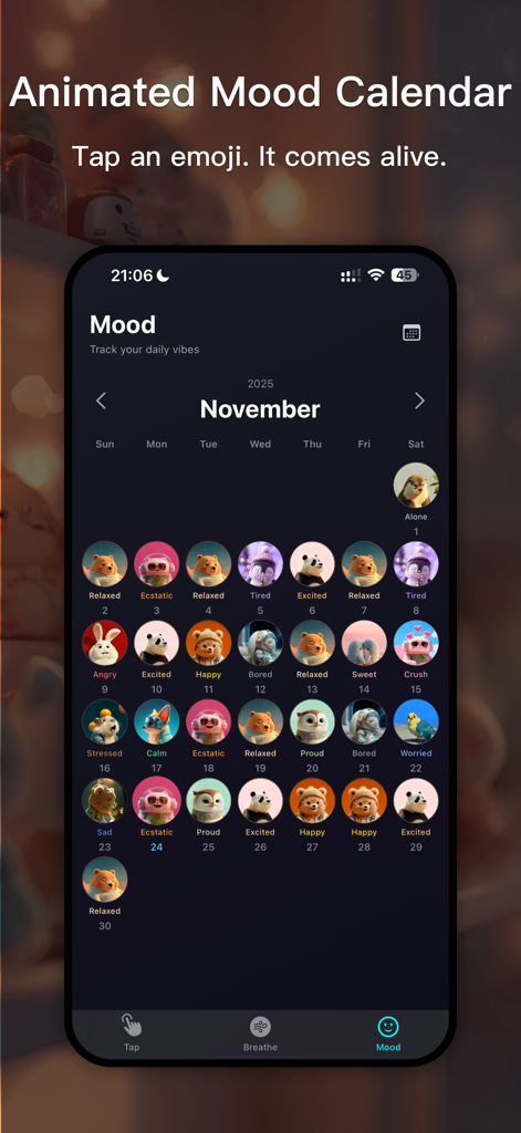 Animated mood calendar in the Chill Tap app showing daily mood tracking with cute animal icons
