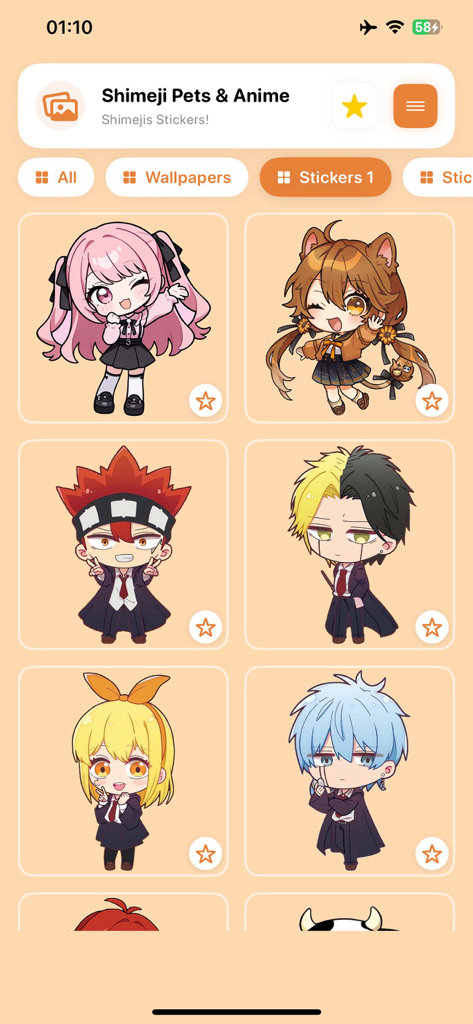 Shimeji Pets on Screen Kawaii - Una cuadrícula de pegatinas de personajes de anime chibi lindos dentro de la interfaz de la aplicación Shimeji Pets.