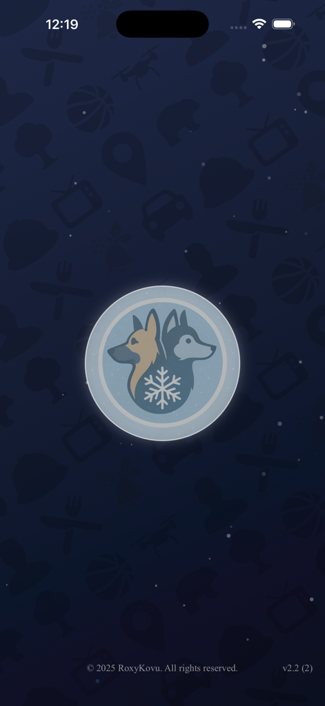 Splash screen for 2Q 20 Questions mobile app featuring a seasonal winter dog logo on a dark blue patterned background