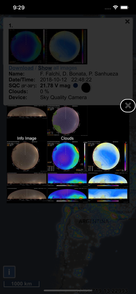 Light Pollution Map - Detailed sky quality camera metrics and light pollution data overlay on a map.