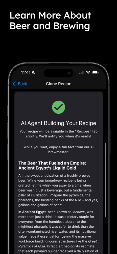 Build a Beer - Build a Beer app interface showing an AI agent generating a clone brew recipe and historical facts about ancient Egyptian beer
