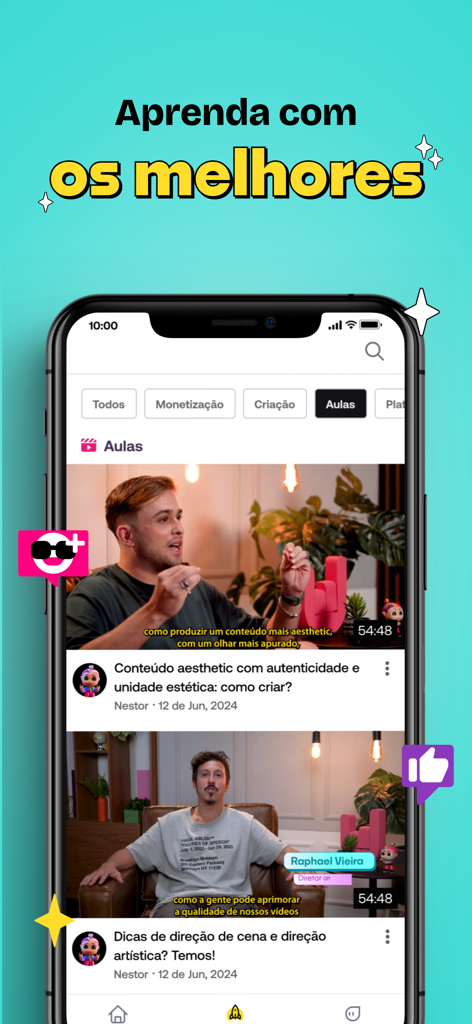 PlayNest - Interfaz de la aplicación PlayNest mostrando lecciones en video para creadores de contenido que incluyen temas como contenido estético y dirección de arte.