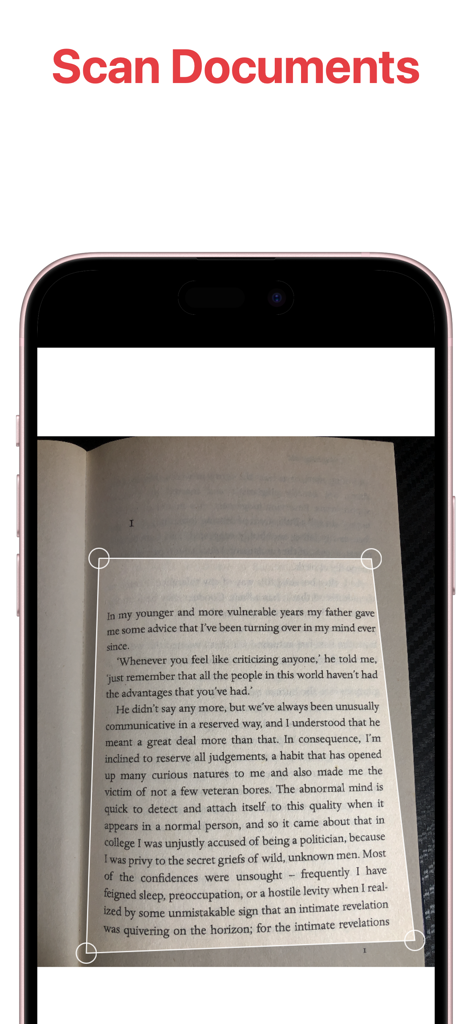 iPhone digitalizando a página de um livro usando o aplicativo Scan Speak para criar um audiolivro