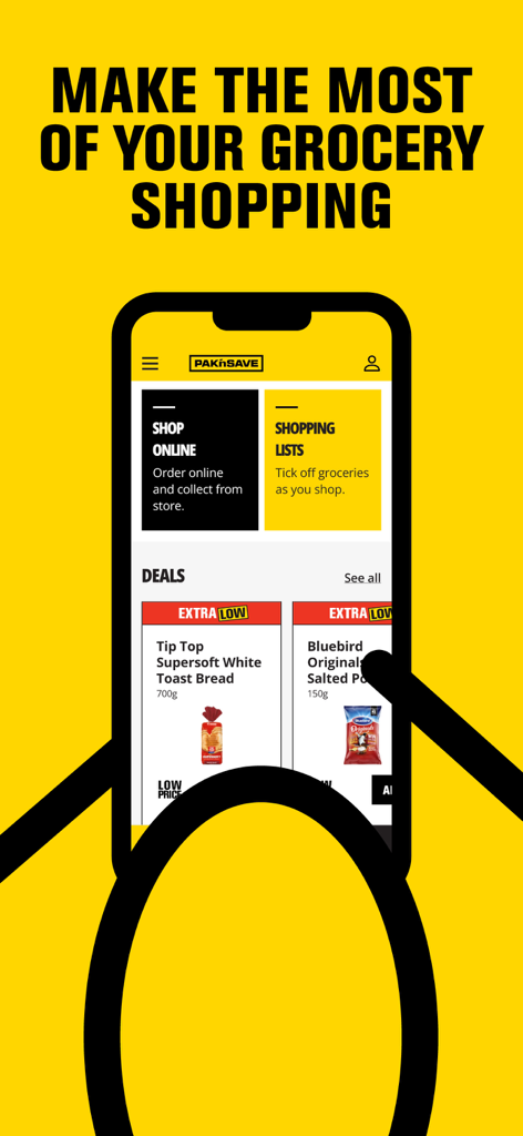 PAK'nSAVE - Mobile app screen for PAK'nSAVE grocery shopping showing weekly deals and list management