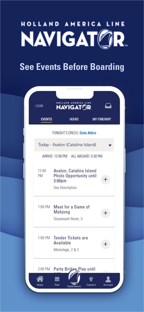 Holland America Line Navigator app daily schedule and events screen