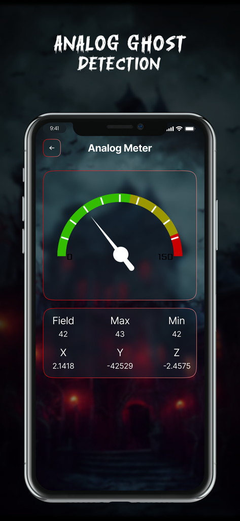 Ghost Detector - Camera Radar - Analoges Geistererkennungs-Meter-Interface mit numerischen Felddaten und einer Nadelanzeige.