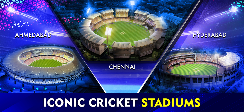 Montage of iconic cricket stadiums in Ahmedabad Chennai and Hyderabad from the WCC2 mobile game