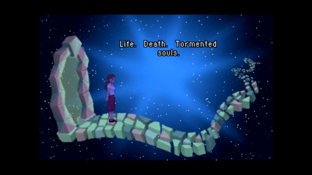 Blackwell 2: Unbound - Pixel art screenshot from Blackwell 2 Unbound showing character Lauren Blackwell on a floating stone path in a starry void with text Life Death Tormented souls