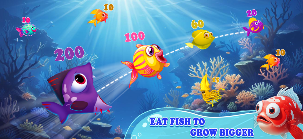 Fish Eat Fish Hunting Games - Peces de dibujos animados coloridos nadando bajo el agua con el texto come peces para crecer más grande y valores de puntos encima de ellos