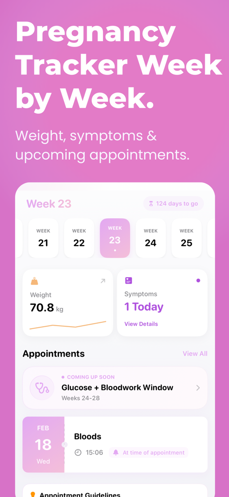 Pregnancy Food: PregnancyPlate - 주차별 진행 상황, 체중 추적, 증상 및 예정된 의료 약속을 보여주는 PregnancyPlate 앱 대시보드