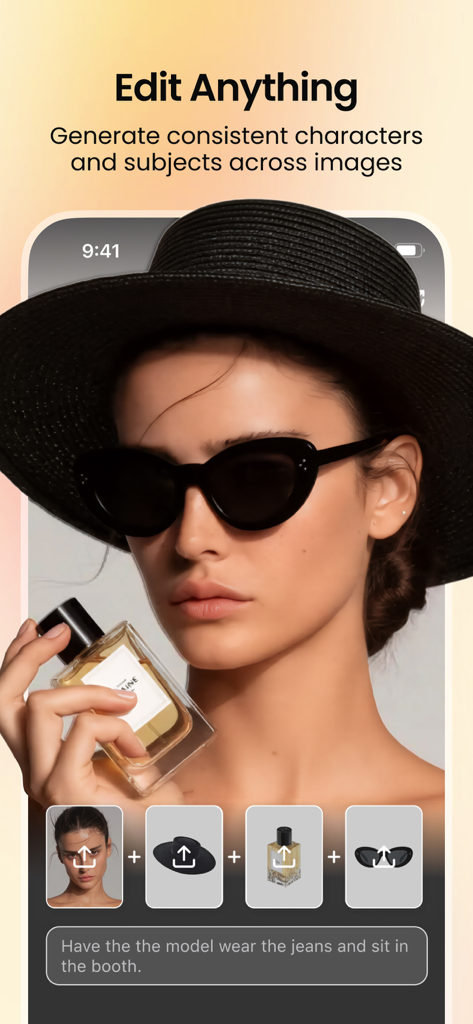 Lovart - Tela de smartphone exibindo o recurso do aplicativo Lovart para gerar assuntos e personagens consistentes usando IA