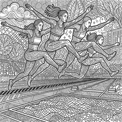 Experience the thrill of the long jump with this stunning adult coloring page, featuring four athletes in mid-leap. Dive into a world of intricate patterns and dynamic poses, designed to provide hours of relaxing, creative enjoyment.