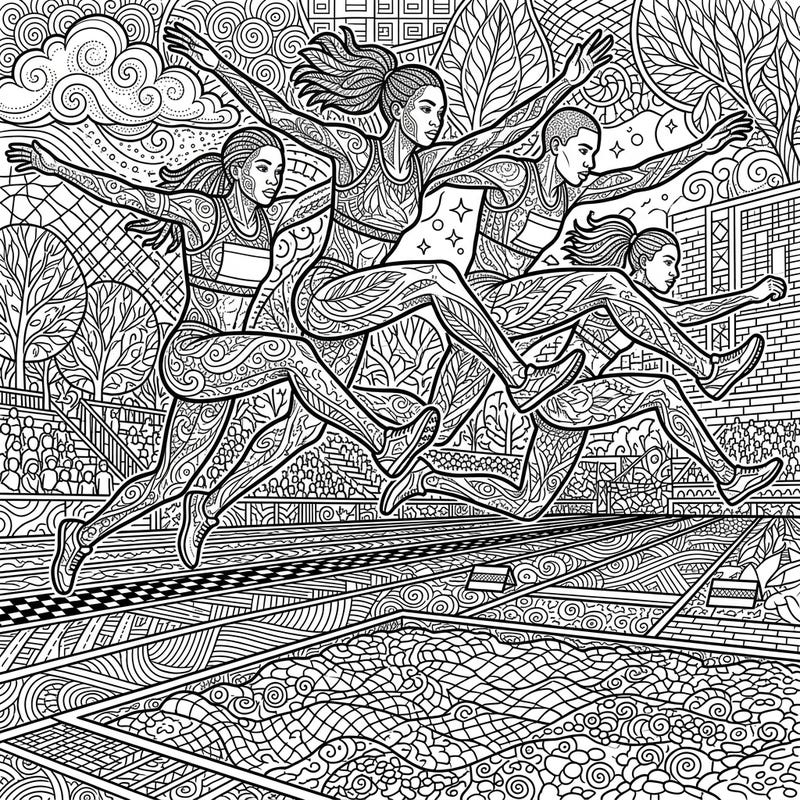 Experience the thrill of the long jump with this stunning adult coloring page, featuring four athletes in mid-leap. Dive into a world of intricate patterns and dynamic poses, designed to provide hours of relaxing, creative enjoyment.