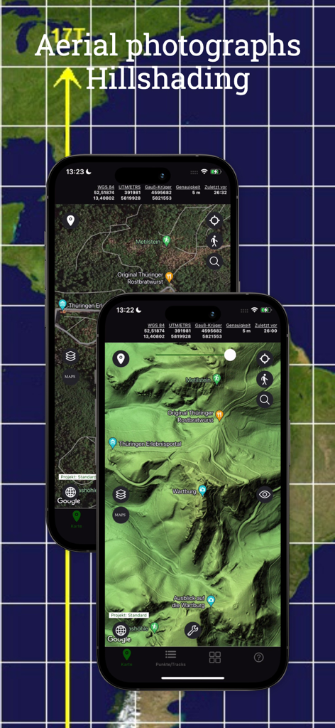 TopoRec - Map Viewer - Interface do aplicativo TopoRec mostrando camadas de mapas topográficos com fotografia aérea e sombreamento de relevo em dispositivos móveis
