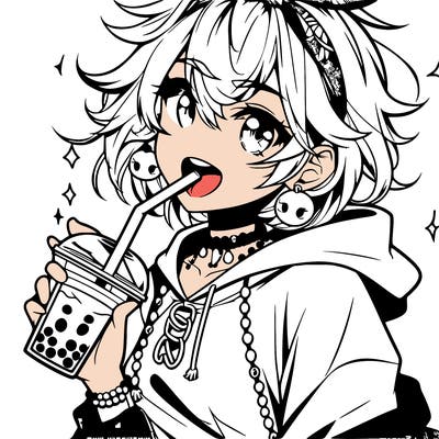 hot baddie anime girl drinking boba and biting the straw