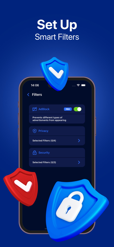 App interface for setting up smart filters including adblock and security features