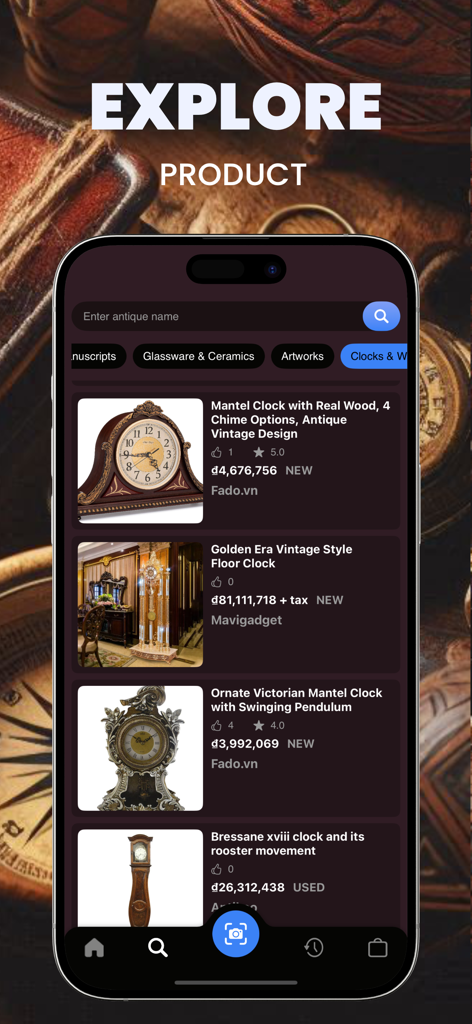 Mobile app screen showing search results for various antique clocks with prices and descriptions