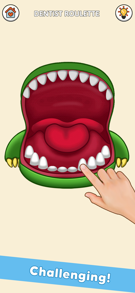 Gameplay of the Dentist Roulette mini game showing a hand pressing a tooth in a crocodile's mouth.