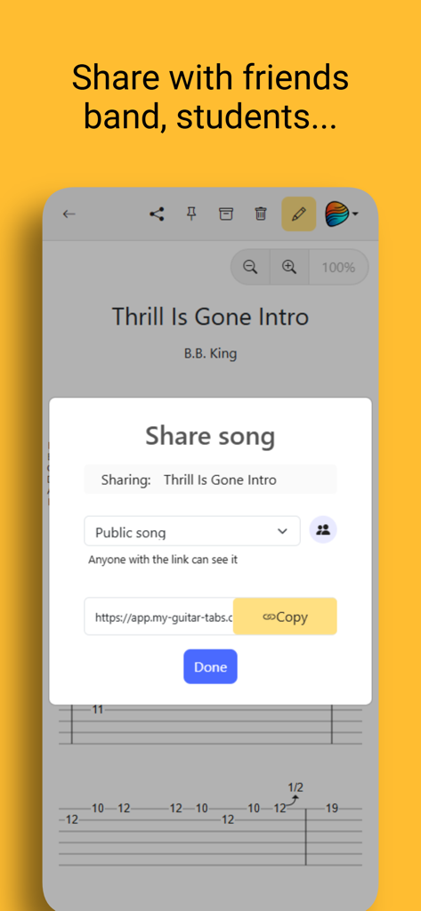 My Guitar Tabs - Interface of My Guitar Tabs app showing the share song dialog with options to copy a link and set privacy settings.