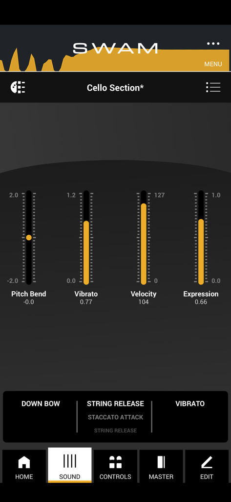 SWAM Cello Section - SWAM Cello Section app interface showing pitch bend vibrato velocity and expression sliders