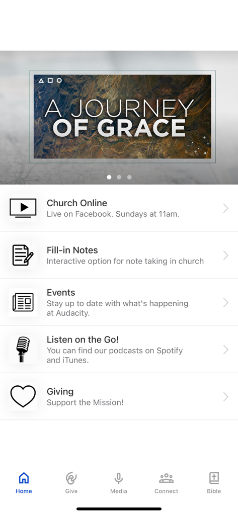 Audacity.Church - Audacity Church mobile app home screen featuring options for online services notes events and giving