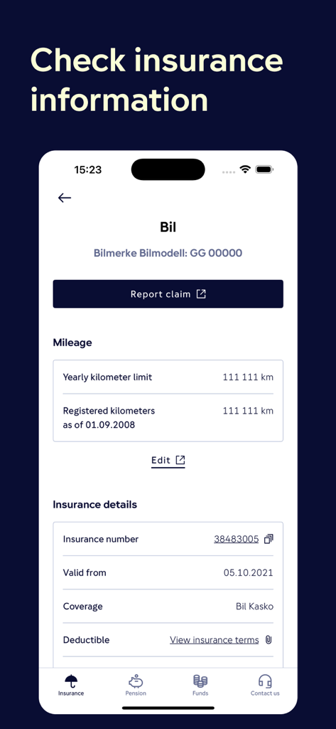 Gjensidige - Bildschirm der Gjensidige-App, der Details zur Autoversicherung anzeigt, einschließlich Kilometerstand und Policeninformationen.